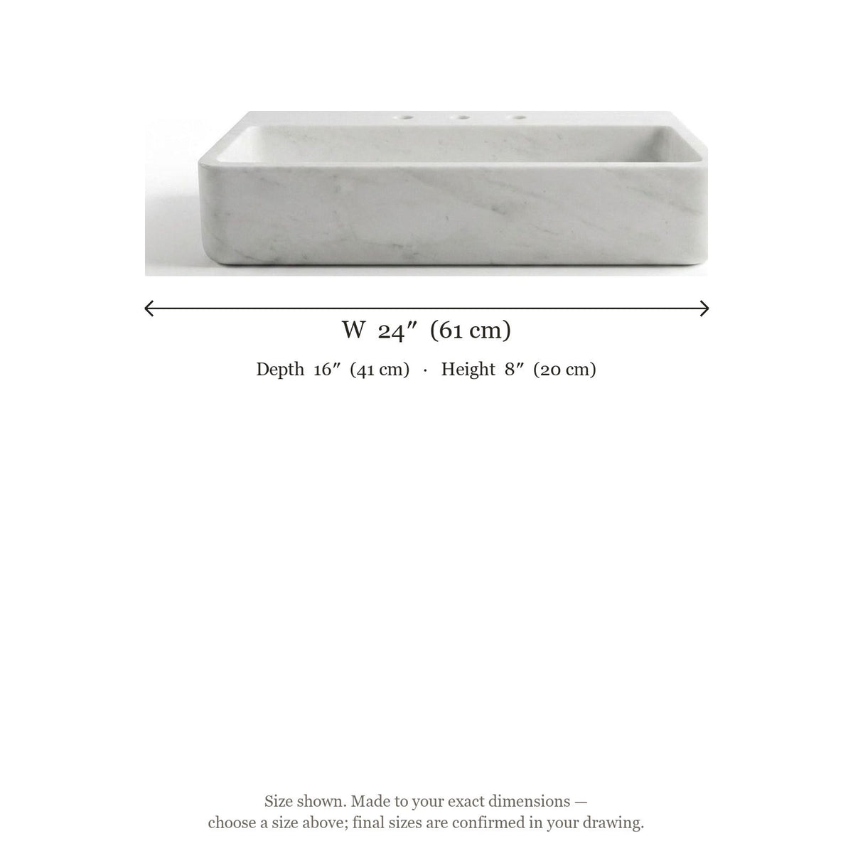 Carrara Polished Marble Sink with 3 Faucet Holes — dimensions — view 4