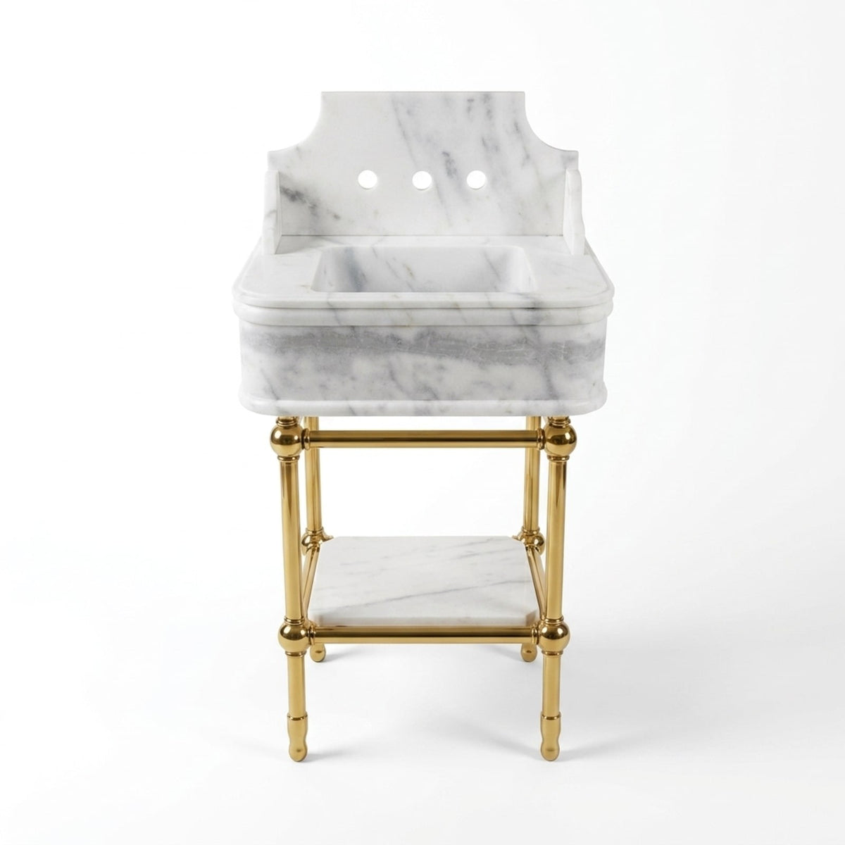 Carrara Marble Sink with Brass Stand and Backsplash — view 1