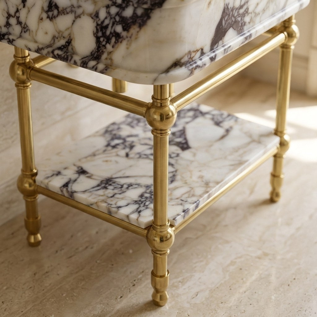 Calacatta Viola Marble Sink with Brass Stand and Backsplash — detail — view 4