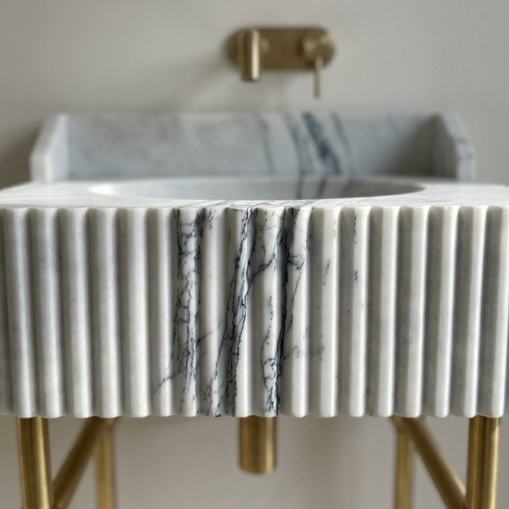 Carrara Fluted Marble Sink with Brass Stand and Backsplash — marble detail — view 3
