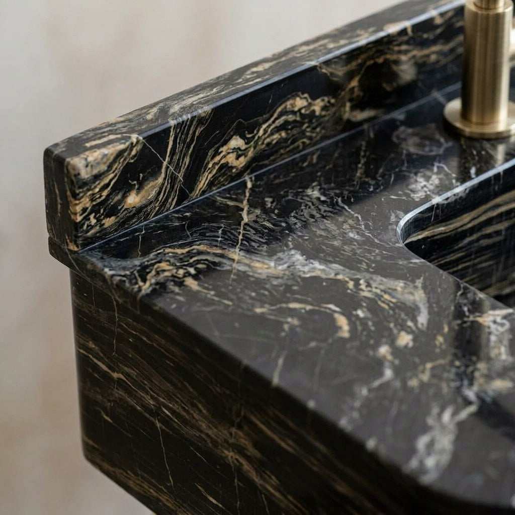Picasso Marble Console Sink with Brass Stand and Backsplash — marble detail — view 3