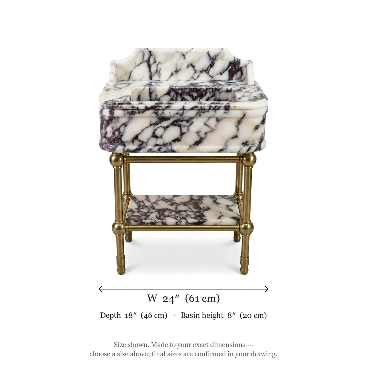 Calacatta Viola Marble Sink with Brass Stand and Backsplash — dimensions — view 5