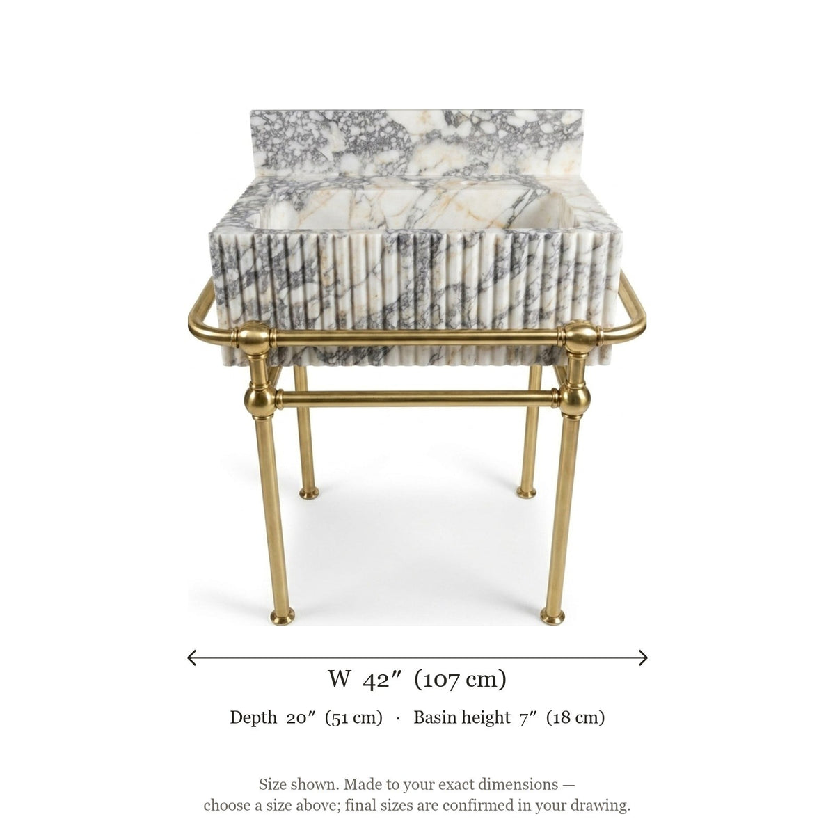 Calacatta Viola Fluted Marble Sink with Brass Stand — dimensions — view 5