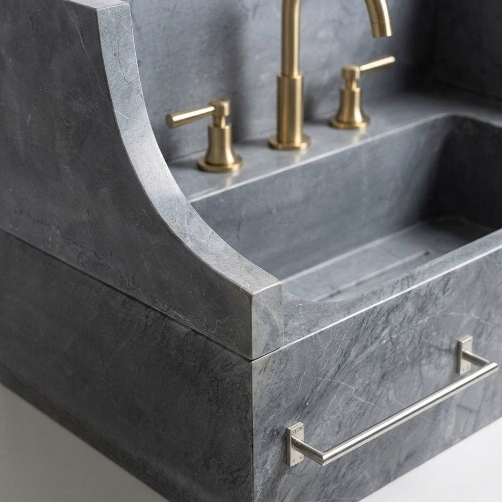 Honed Grey Marble Sink with Integrated Backsplash — marble detail — view 3
