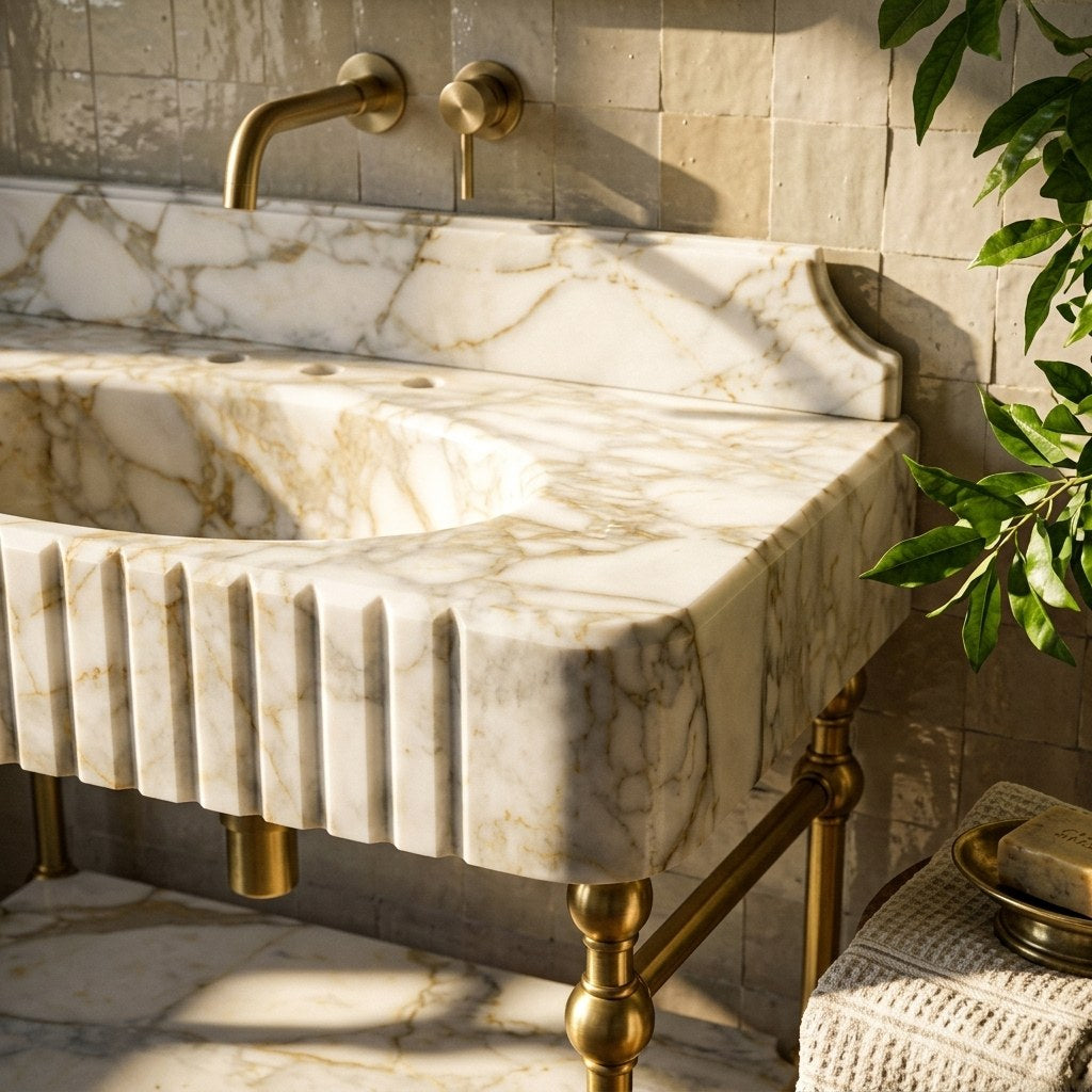 Calacatta Gold Fluted Marble Sink with Brass Stand and Backsplash — premium — view 2
