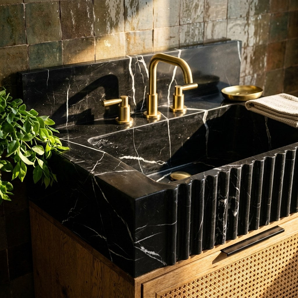 Nero Marquina Fluted Marble Vanity Sink with Backsplash — premium — view 2
