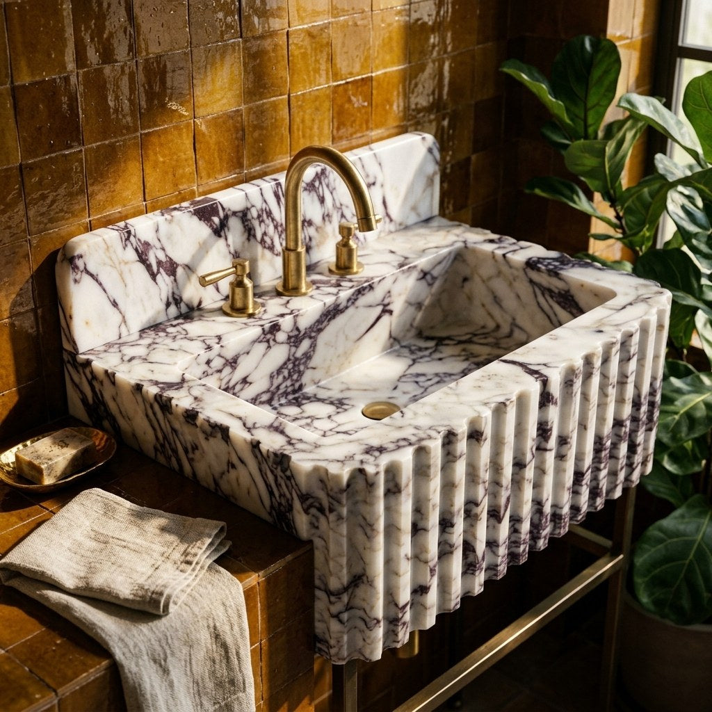 Calacatta Viola Fluted Marble Sink with Backsplash — premium — view 2