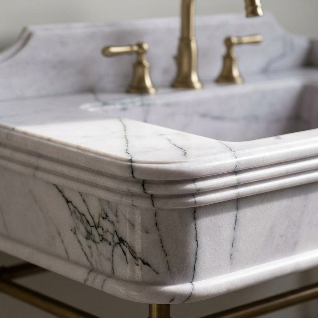 Lilac Marble Sink with Antique Brass Stand and Backsplash — marble detail — view 3