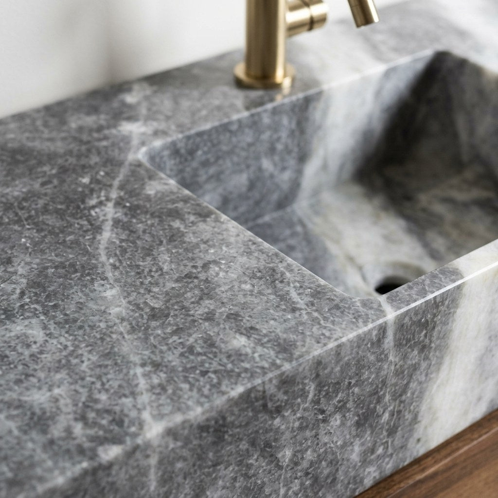 Honed Grey Marble Vanity Sink with Wood Cabinet — marble detail — view 3