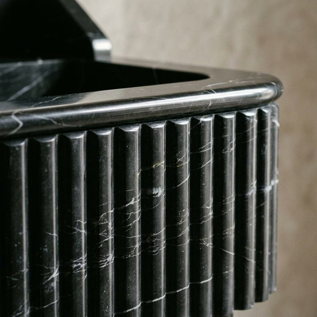 Nero Marquina Fluted Marble Sink with Metal Stand — marble detail — view 3