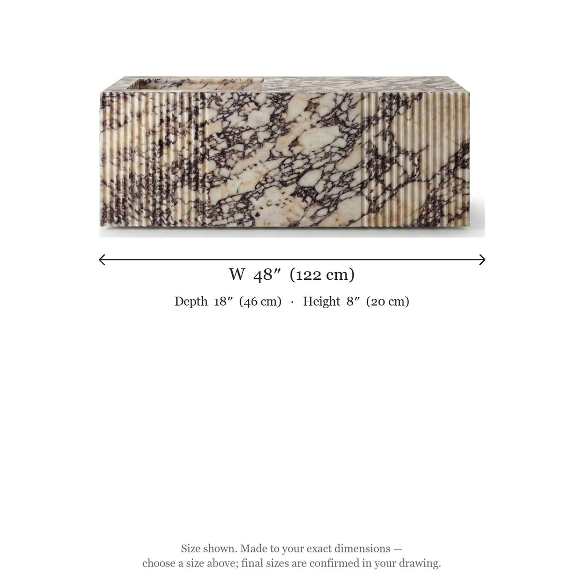 Calacatta Viola Fluted Polished Marble Sink — dimensions — view 5