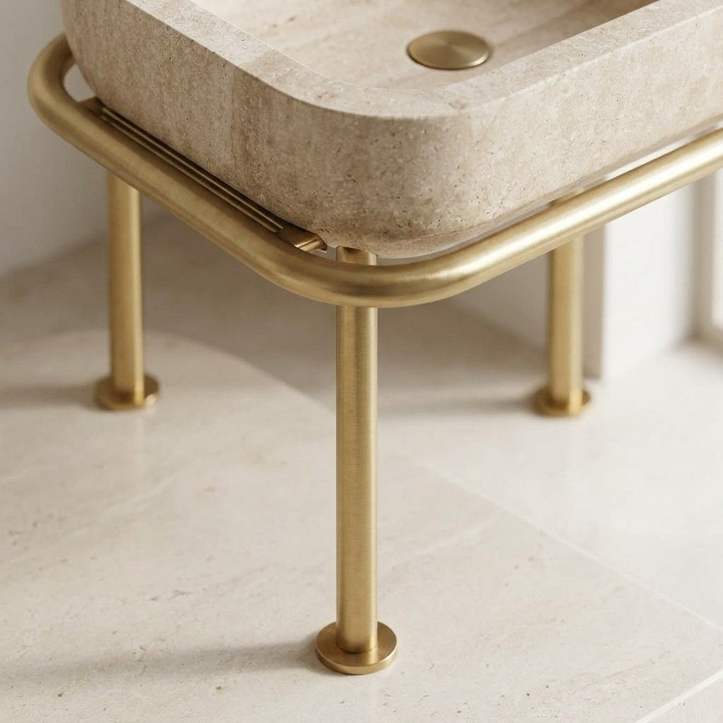Polished Travertine Sink with Brass Stand — detail — view 4