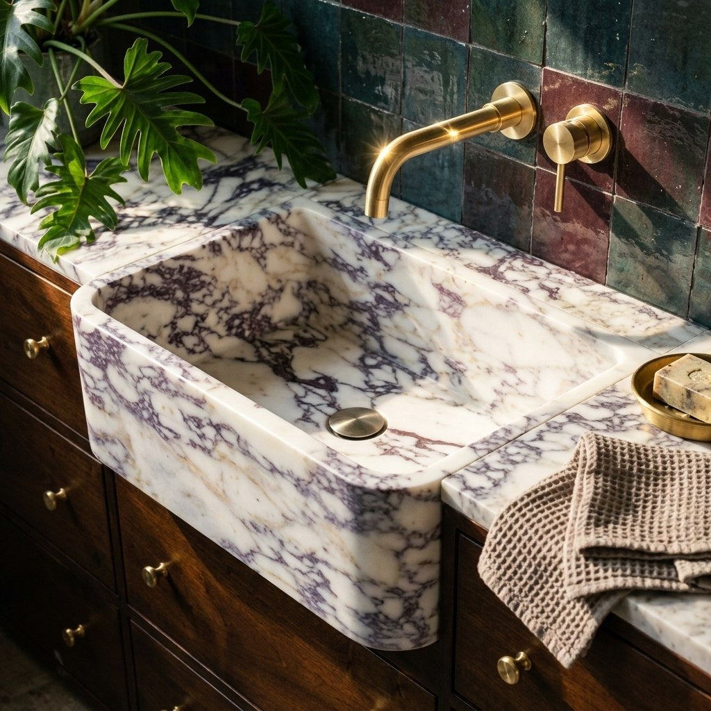 Calacatta Viola Marble Vanity with Wood Cabinet — premium — view 2