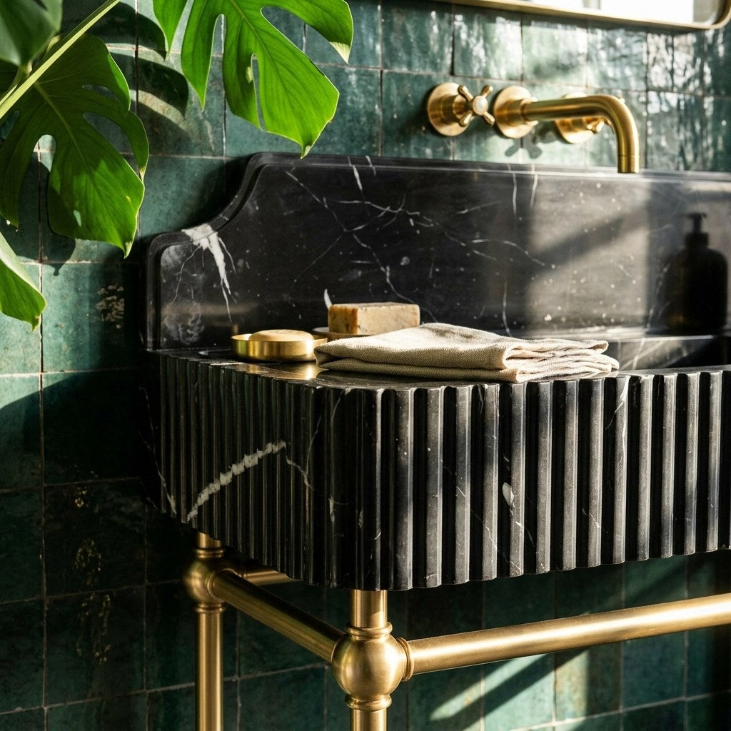 Nero Marquina Fluted Marble Sink with Brass Stand — premium — view 2