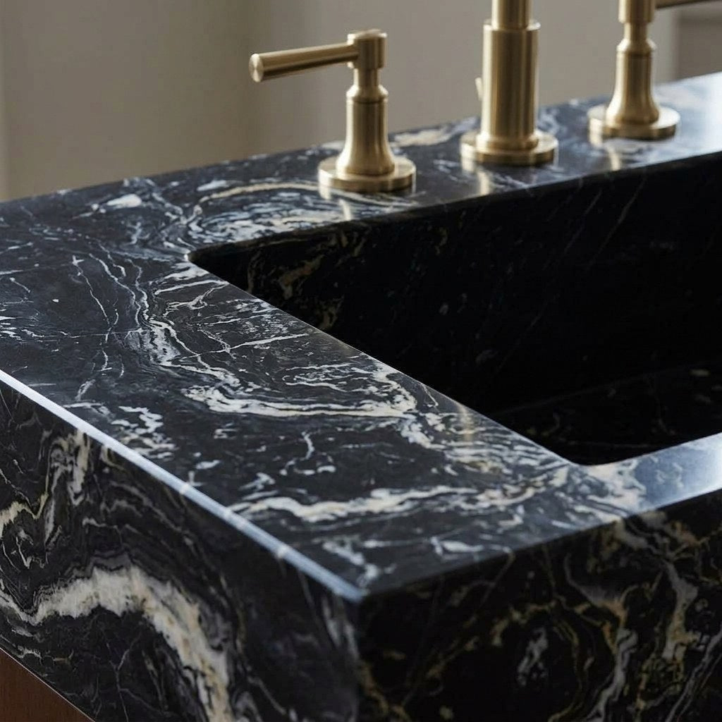 Nero Marquina Polished Marble Vanity with 3 Faucet Holes — marble detail — view 3