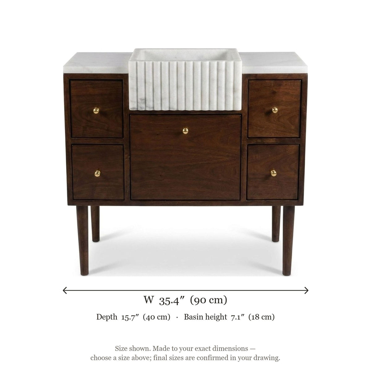 Carrara Fluted Marble Vanity with Wood Cabinet — dimensions — view 4