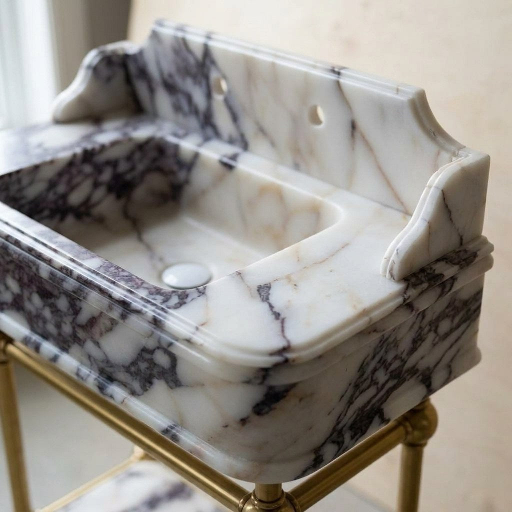 Calacatta Viola Marble Sink with Brass Stand and Backsplash — marble detail — view 3