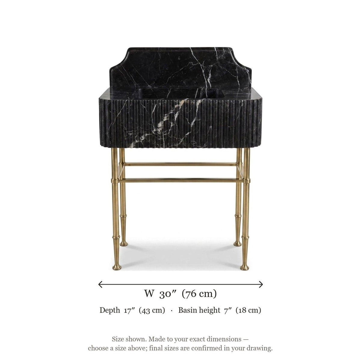 Pietra Notte Fluted Marble Sink with Brass Stand — dimensions — view 5