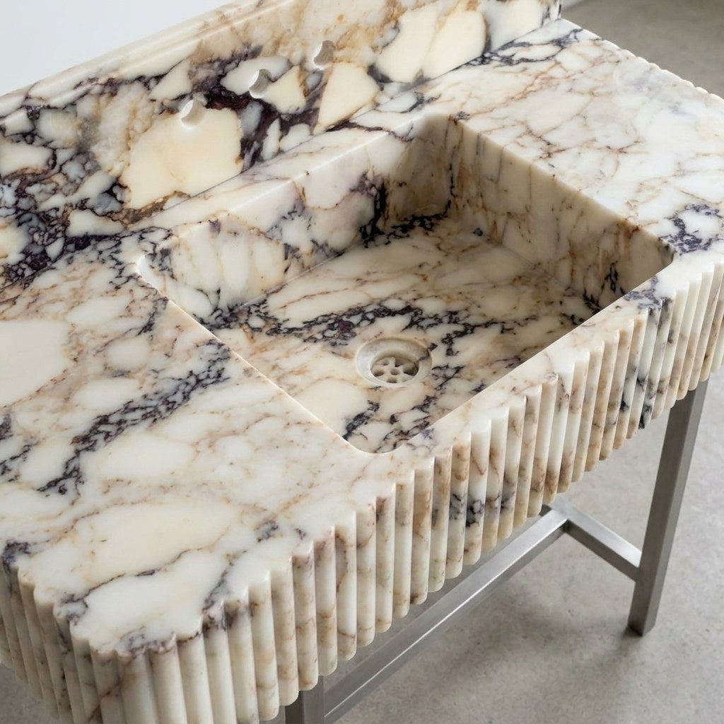 Calacatta Gold Fluted Marble Sink with Backsplash — detail — view 4