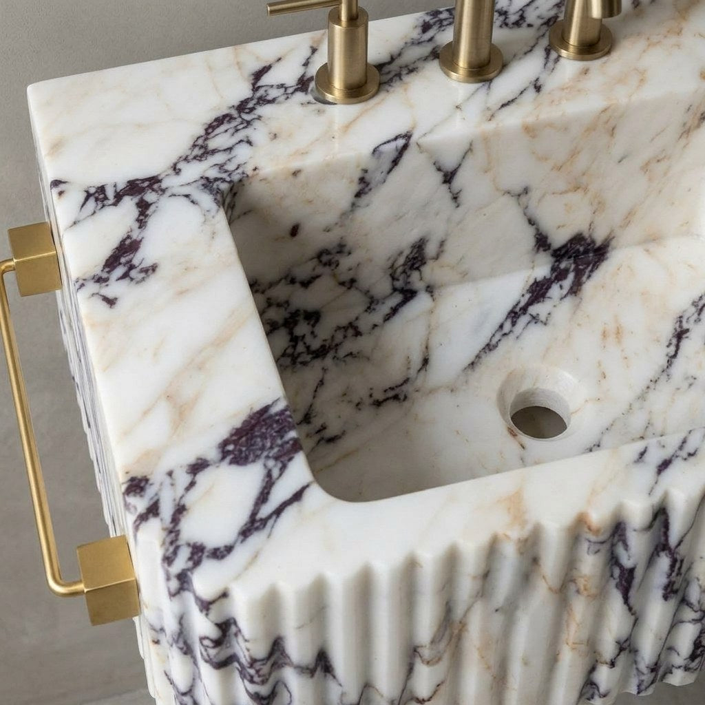 Calacatta Viola Fluted Marble Sink — detail — view 3