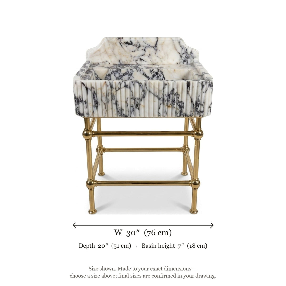 Calacatta Viola Fluted Marble Sink with Brass Stand and Backsplash — dimensions — view 4