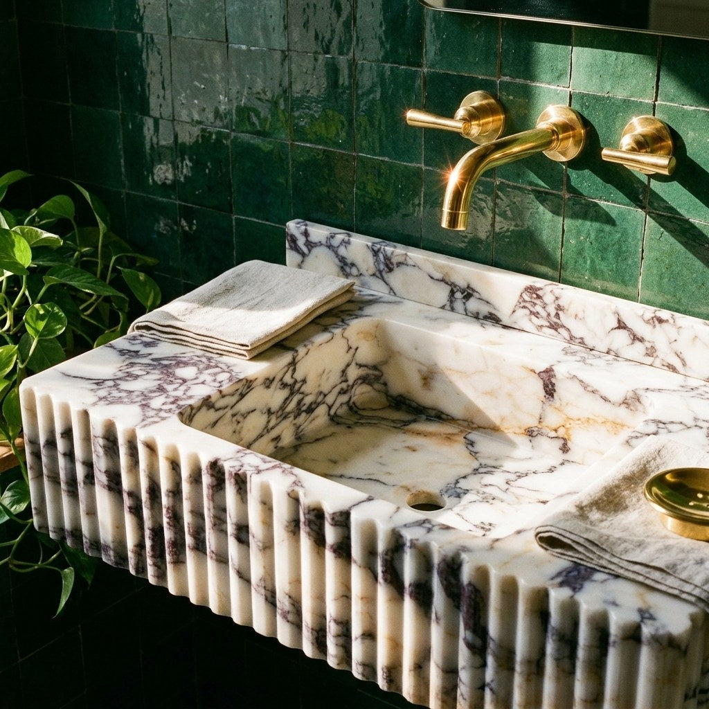 Calacatta Viola Fluted Marble Sink with Backsplash — premium — view 2