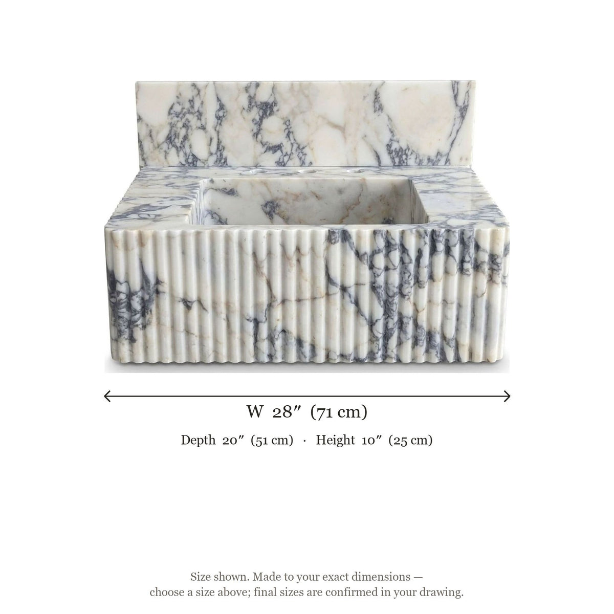 Calacatta Viola Fluted Marble Sink with Backsplash — dimensions — view 4