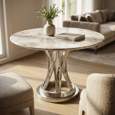 Polished Carrara Marble Table with Brushed Steel Base — premium