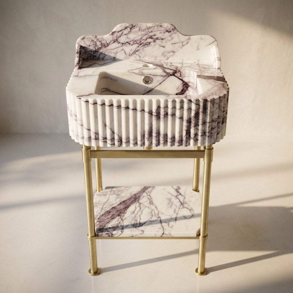 Lilac Fluted Marble Sink with Champagne Gold Stand — premium — view 2