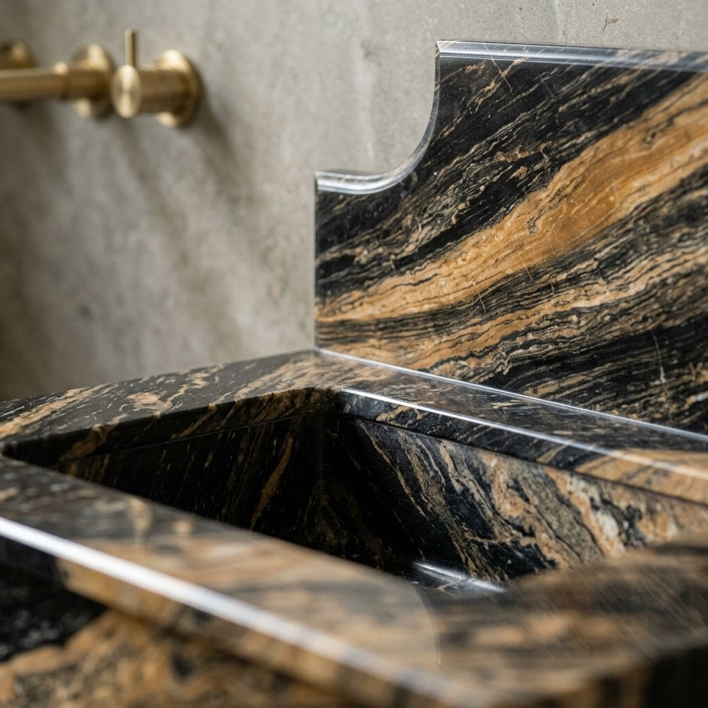 Picasso Marble Sink with Brass Stand and Backsplash — marble detail — view 3