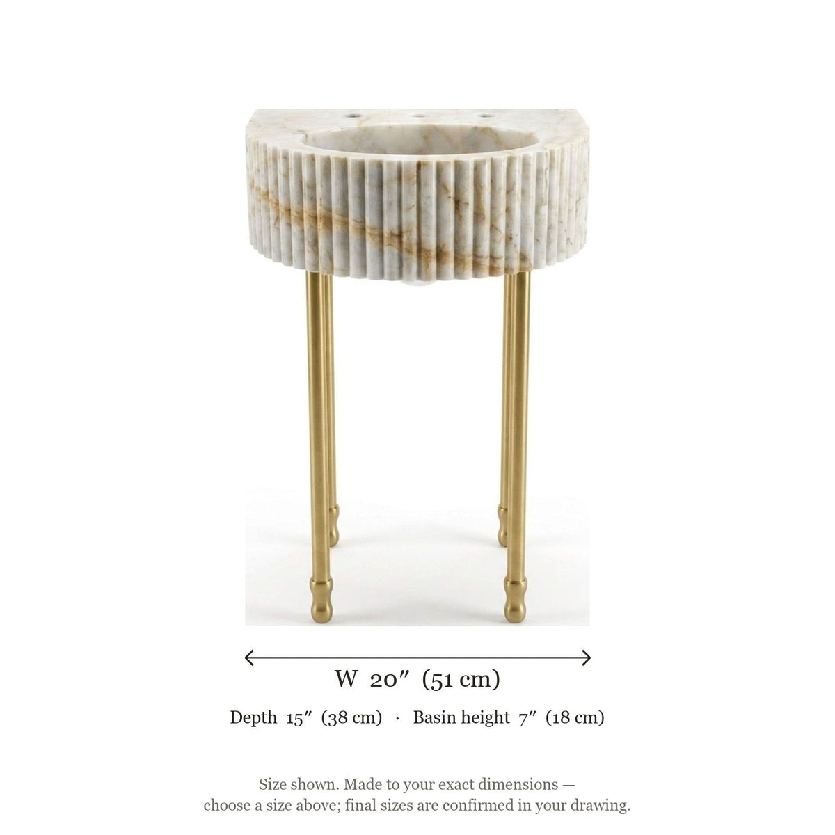 Calacatta Gold Fluted Marble Sink with Brass Stand — dimensions — view 4