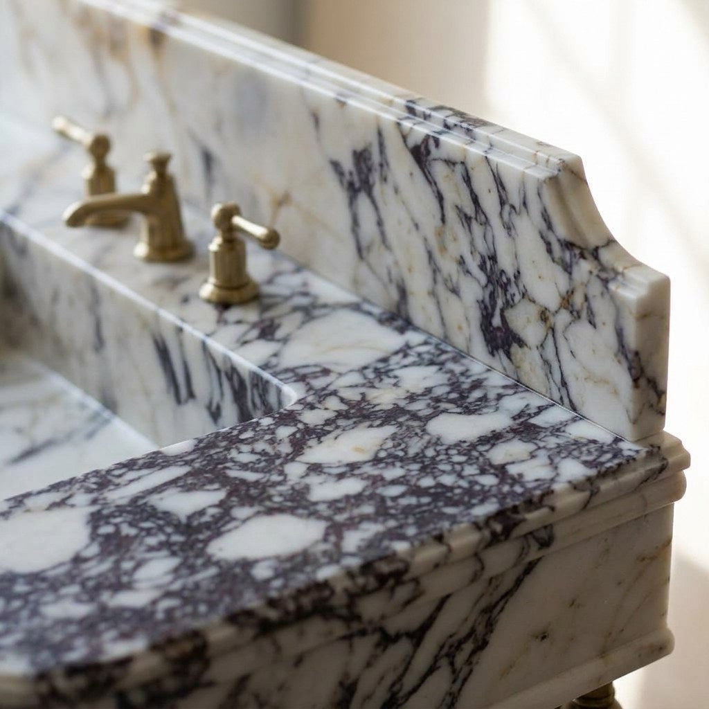 Calacatta Viola Marble Sink with Metal Stand and Backsplash — marble detail — view 3