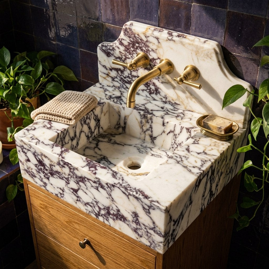 Calacatta Viola Polished Marble Vanity with Backsplash — premium — view 2
