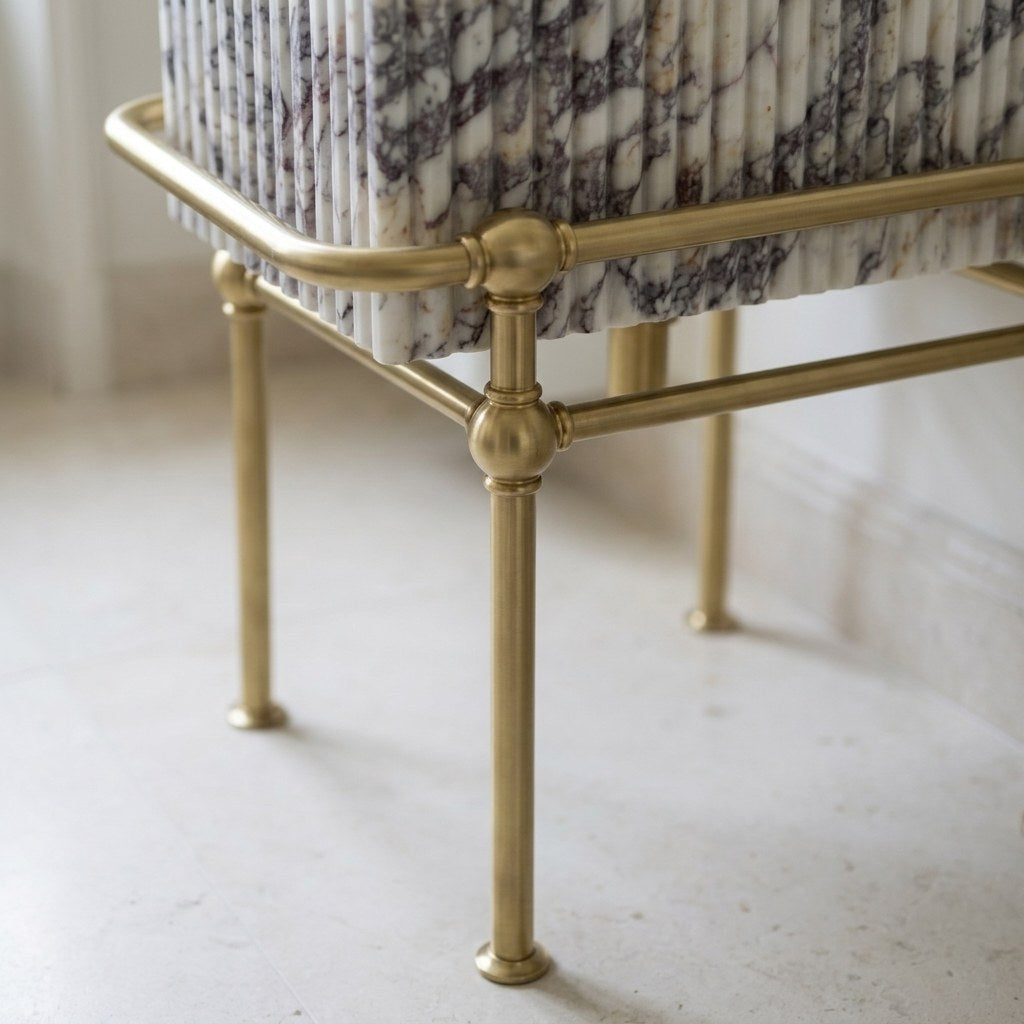 Calacatta Viola Fluted Marble Sink with Brass Stand — detail — view 4