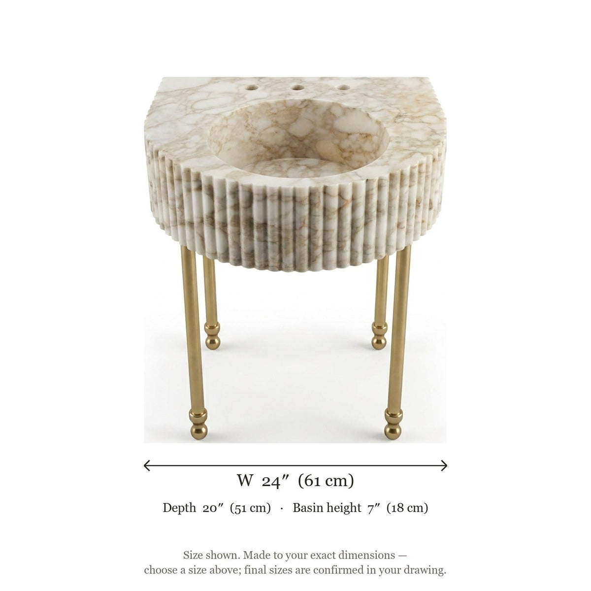 Calacatta Gold Fluted Marble Sink with Brass Stand — dimensions — view 3