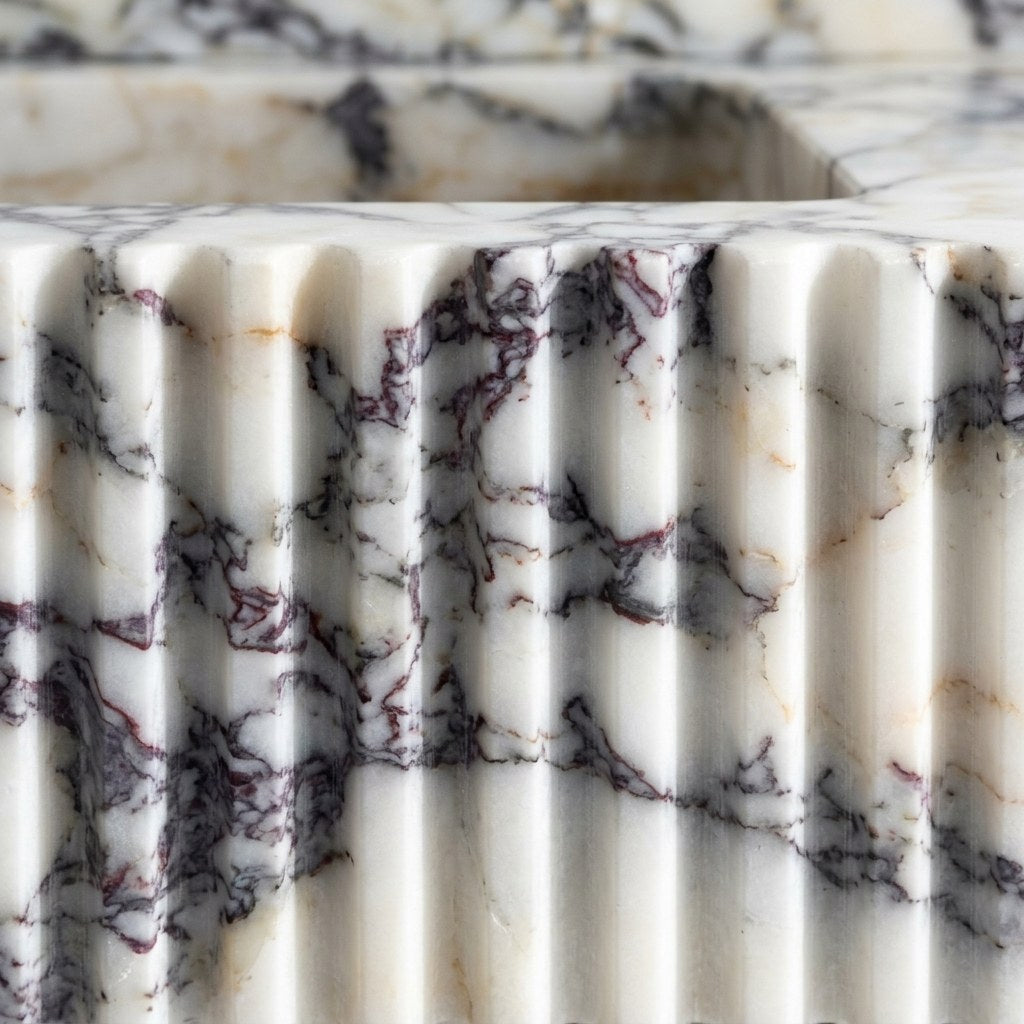 Calacatta Viola Fluted Marble Sink with Backsplash — marble detail — view 3
