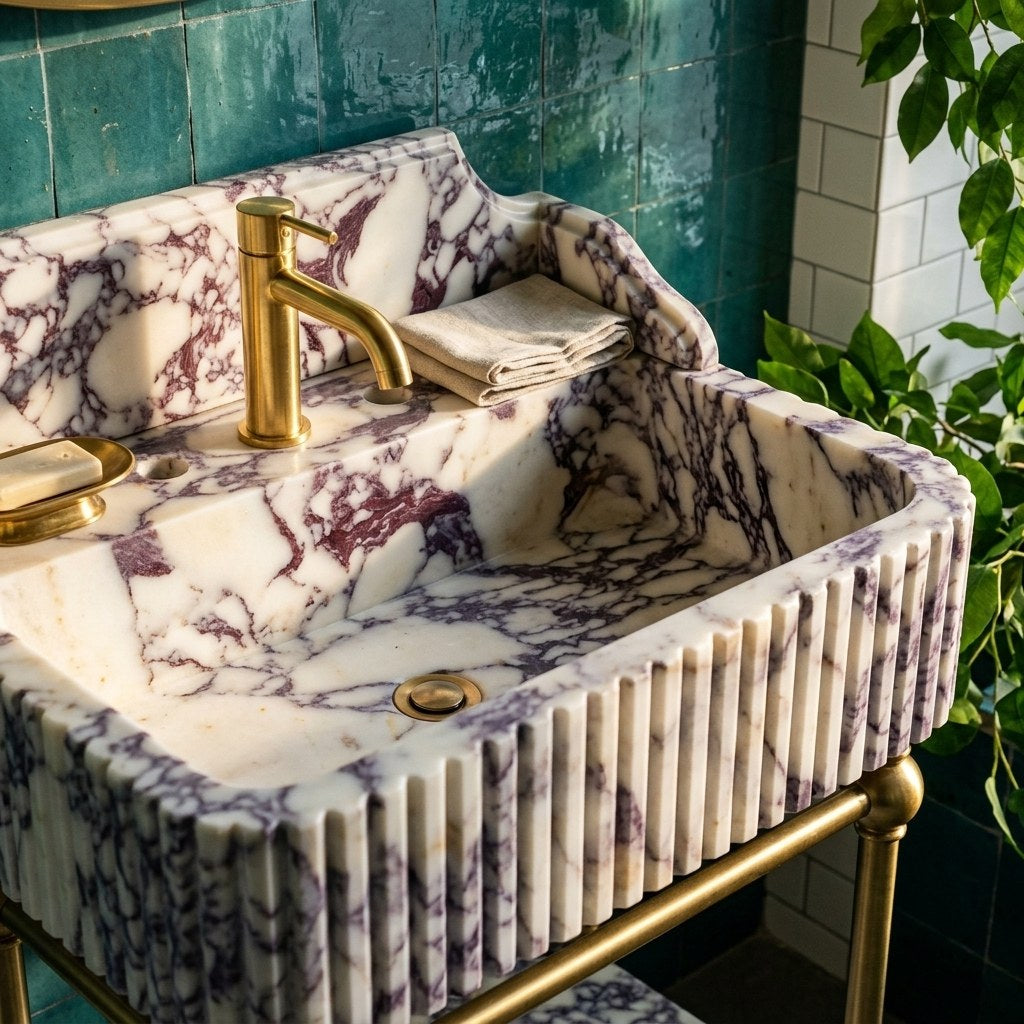 Calacatta Viola Fluted Marble Sink with Brass Stand — premium — view 2