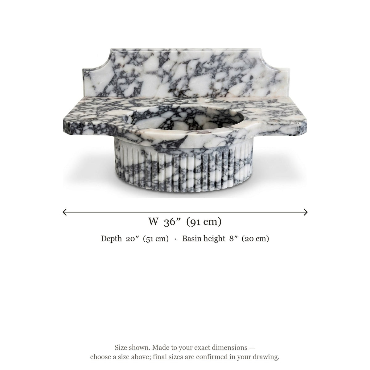 Calacatta Viola Fluted Marble Sink with Brass Stand — dimensions — view 5