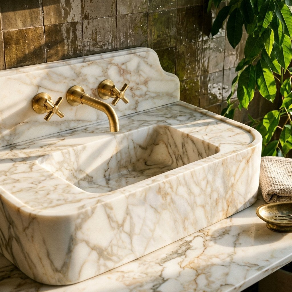 Calacatta Gold Honed Marble Sink with Backsplash — premium — view 2