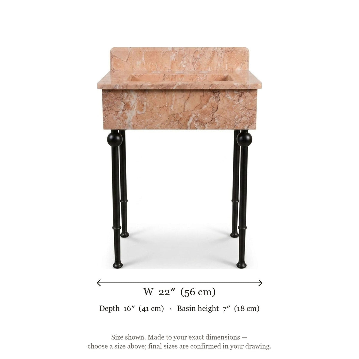 Pink Violet Marble Sink with Metal Stand and Backsplash — dimensions — view 4