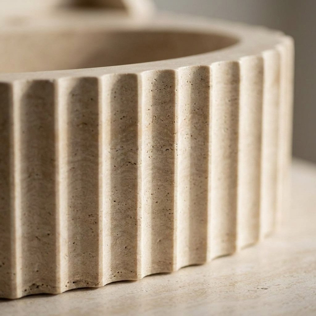 Travertine Fluted Sink with Brass Stand and Backsplash — marble detail — view 3