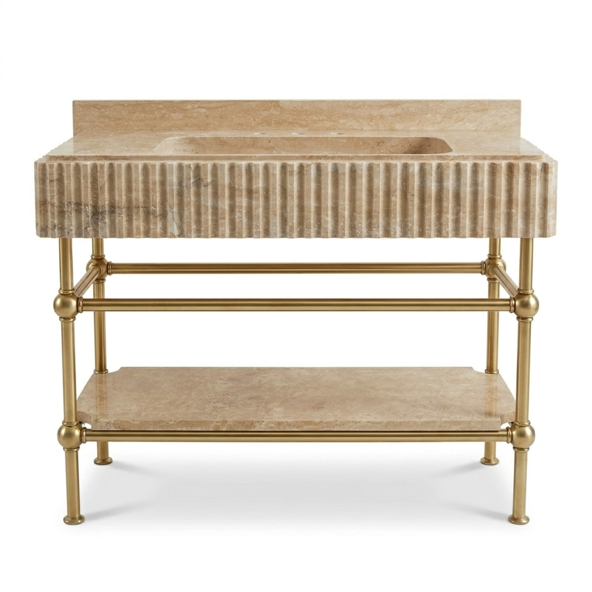 Fluted Travertine Sink with Brass Gold Stand — view 1