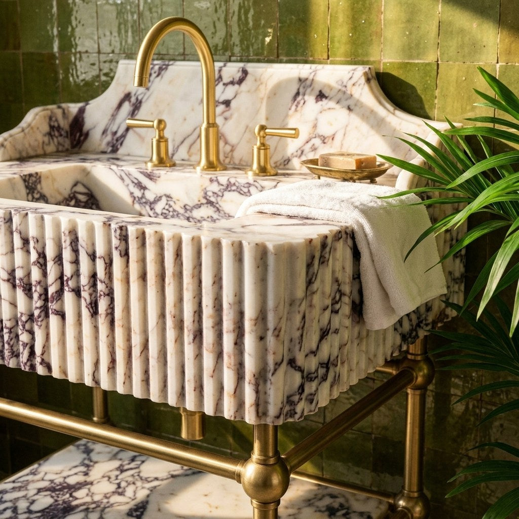 Calacatta Viola Fluted Marble Sink with Brass Stand — premium — view 2
