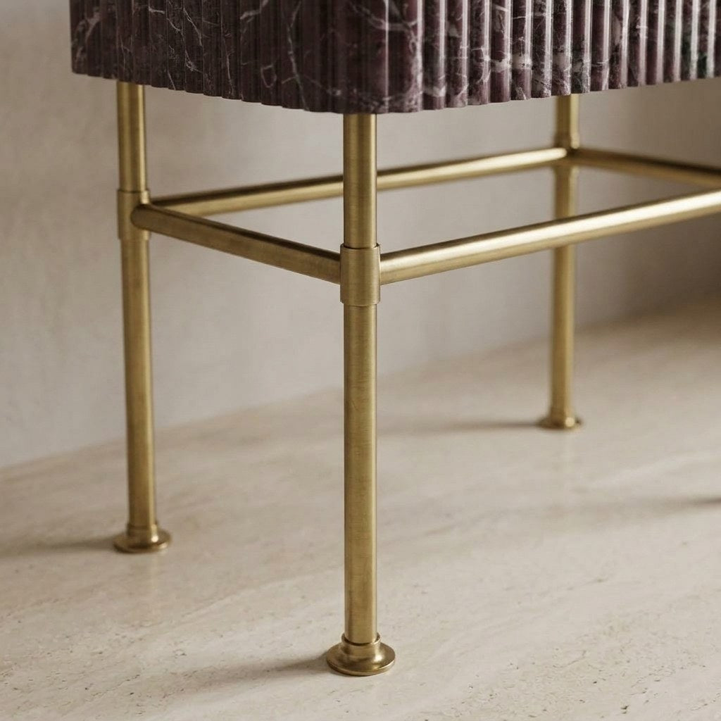 Rosso Levanto Fluted Marble Sink with Brass Stand — detail — view 4