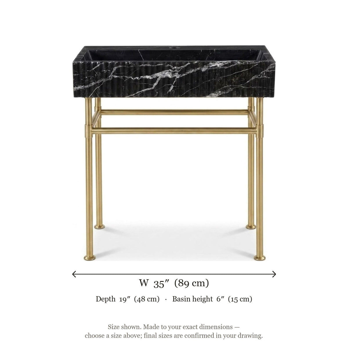 Nero Marquina Fluted Marble Sink with Metal Stand — dimensions — view 4