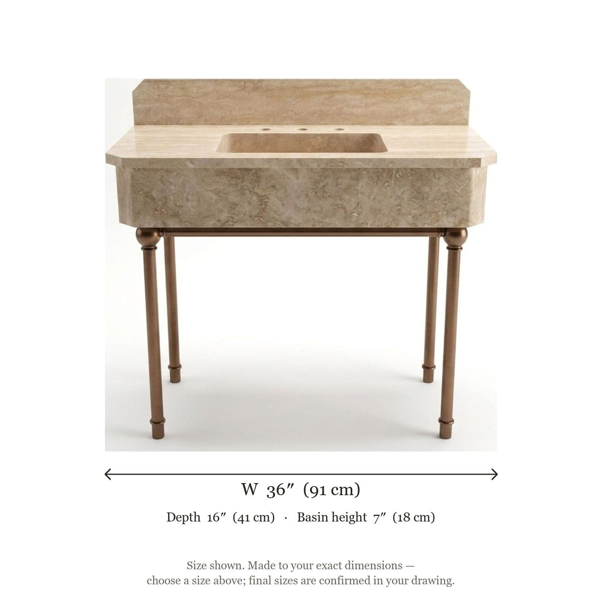 Polished Travertine Console Sink with Copper Stand and Backsplash — dimensions — view 5