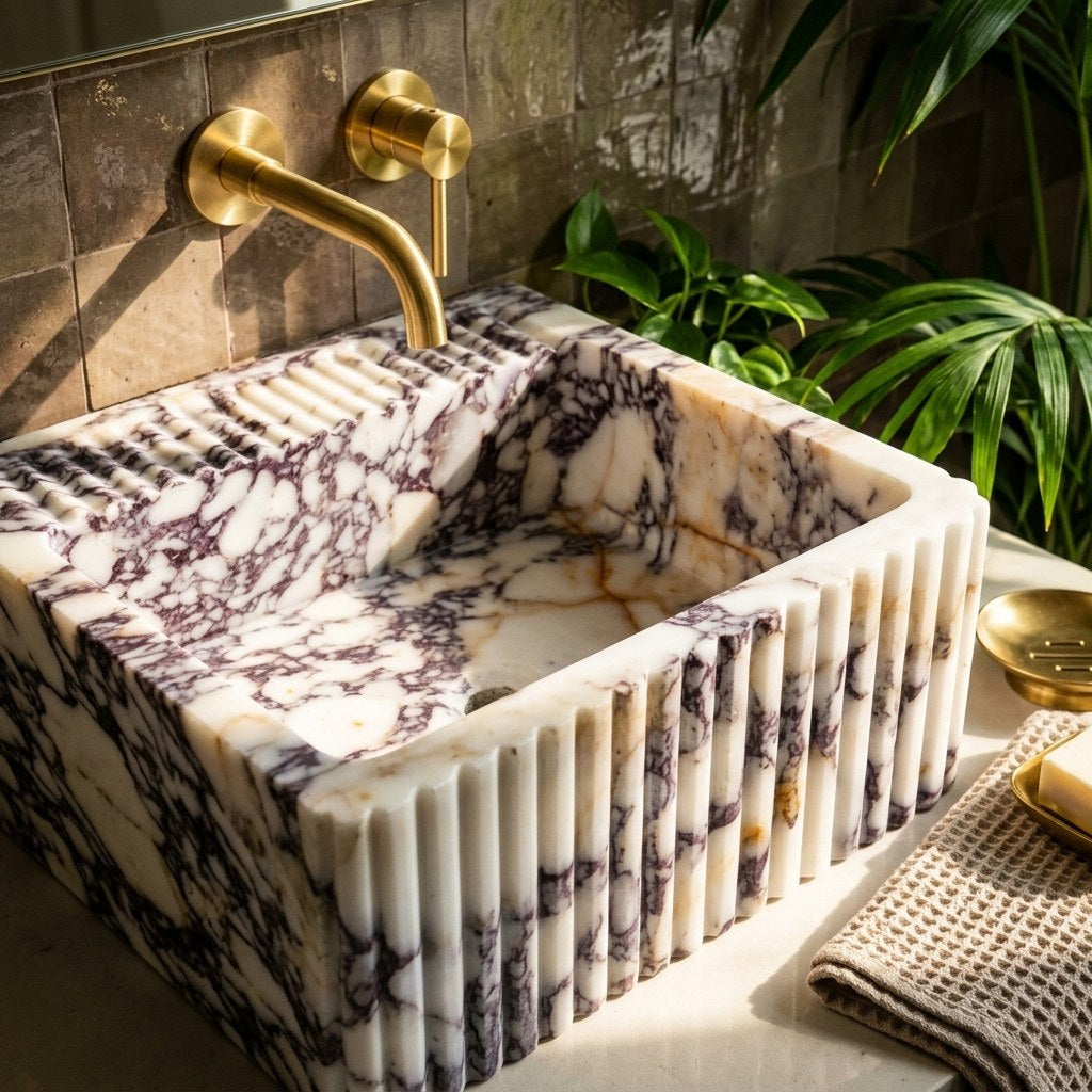 Calacatta Viola Fluted Polished Marble Vessel Sink — premium — view 2