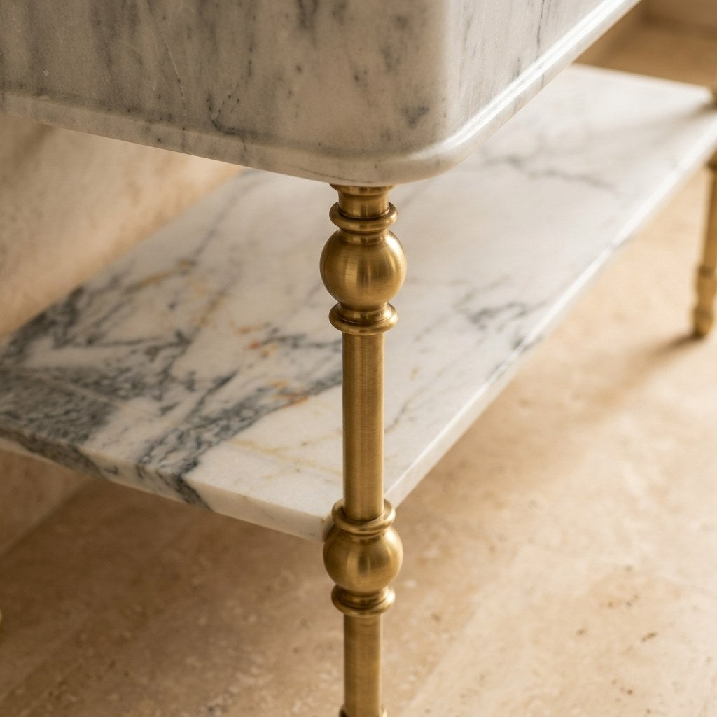 Carrara Honed Marble Sink with Brass Stand and Backsplash — detail — view 4