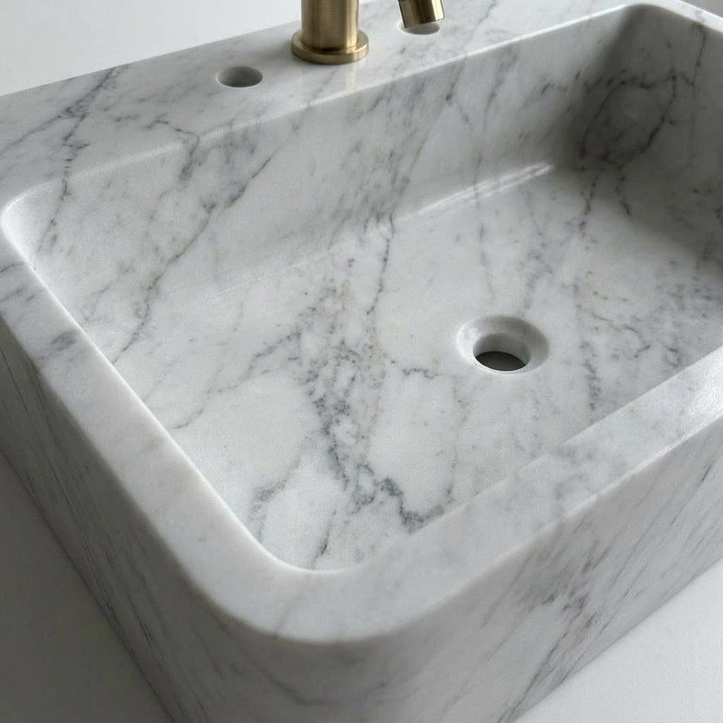 Carrara Marble Polished Vessel Sink with 3 Faucet Holes — detail — view 4