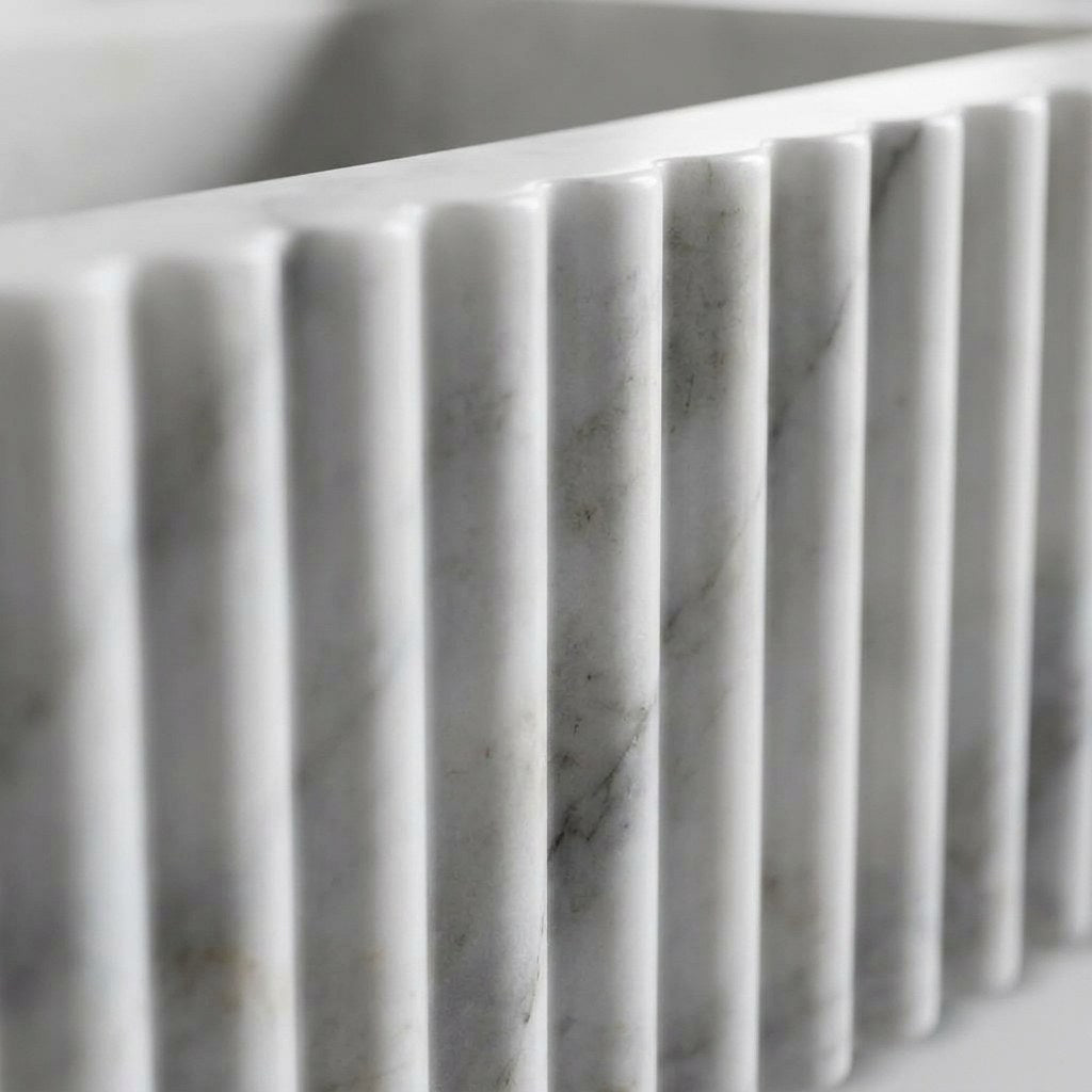 Carrara Fluted Marble Sink with Backsplash — marble detail — view 3